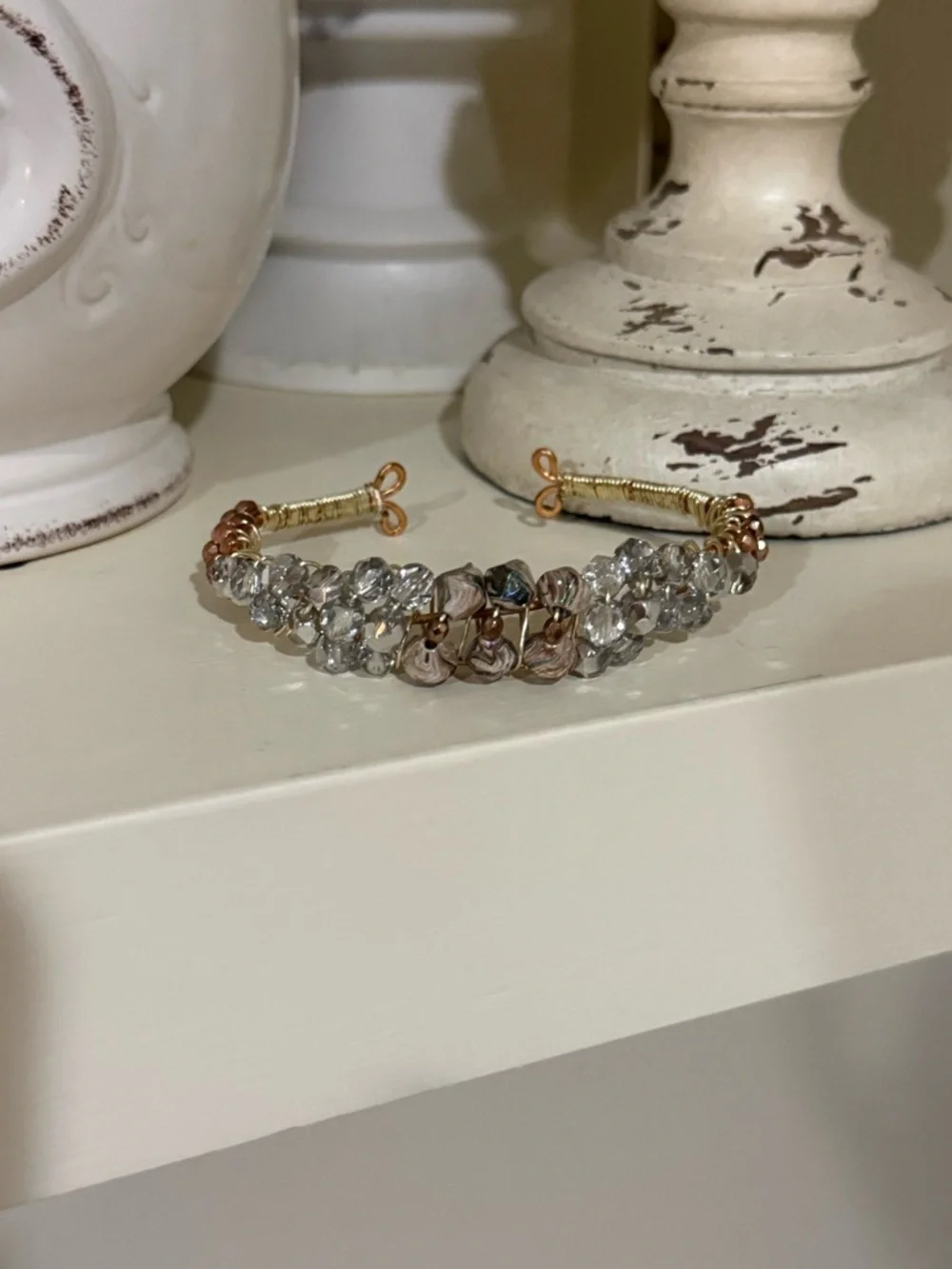 Gold and Copper Colored Wired Crystal Beaded Bracelet
